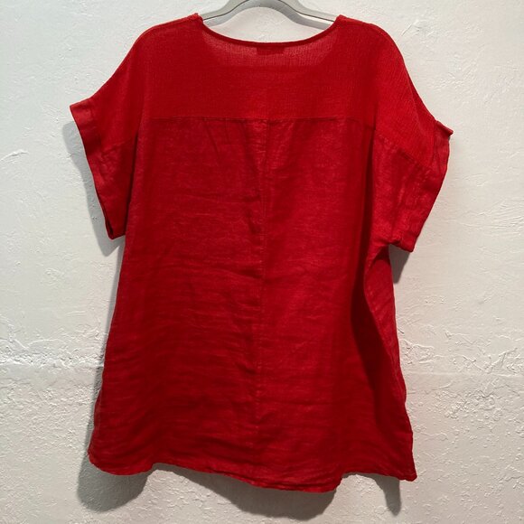 Saiph Lab Plus Linen Yoke Peasant Italy Blouse Shirt Top Solid Red 3X Minimalist - Picture 2 of 10
